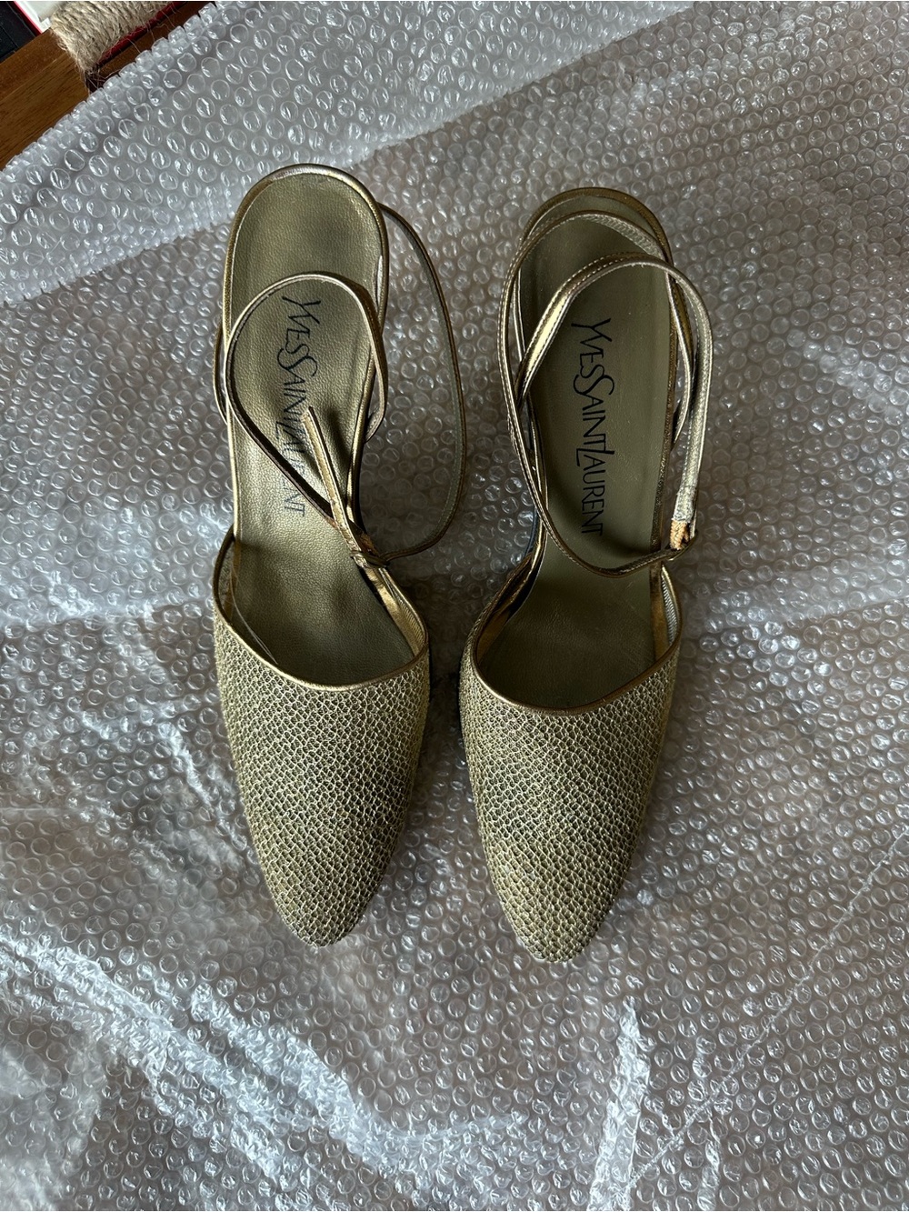 Yves Saint Laurent Metallic Gold Woven Pointed Slingback Heels